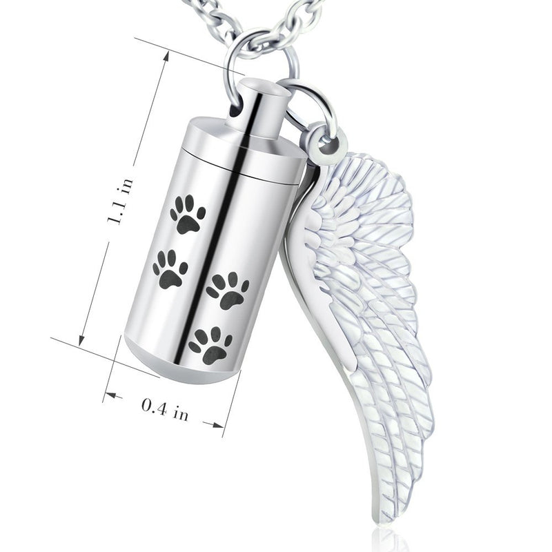 [Australia] - XIUDA Cylinder Cremation Necklace for Dog Ashes Angel Wing Urn Necklace with Pet Paw Print Memorial Ashes Necklace for Dog/Cat with Filling Kit S Silver no-engraving 