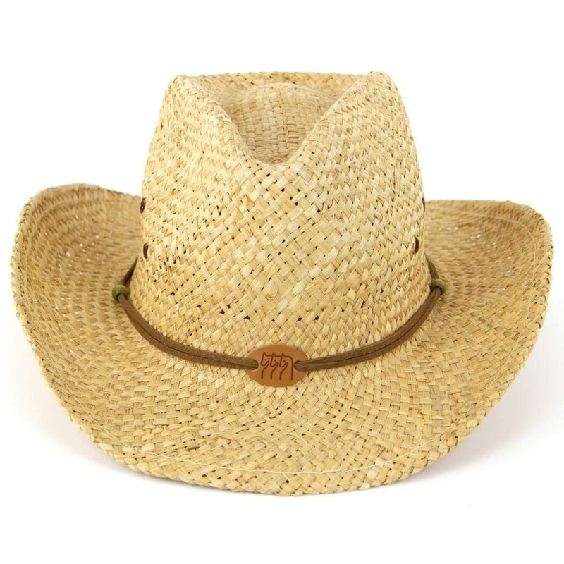 [Australia] - Straw cowboy hat with leather band detail and three horses badge. Natural 