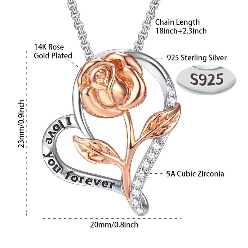 [Australia] - Klurent Rose Necklace for Women, Rose Gold Flower Silver Heart Pendant with 5A Cubic Zirconia Necklace Gift For Thanksgiving Christmas, New Year. Sterling Silver Rose Heart Necklace 