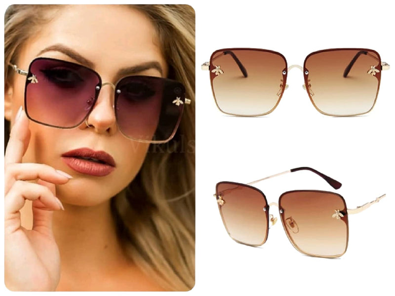 [Australia] - Tan Oversized Square Butterfly Sunglasses for Woman Rimless Gold Frame 