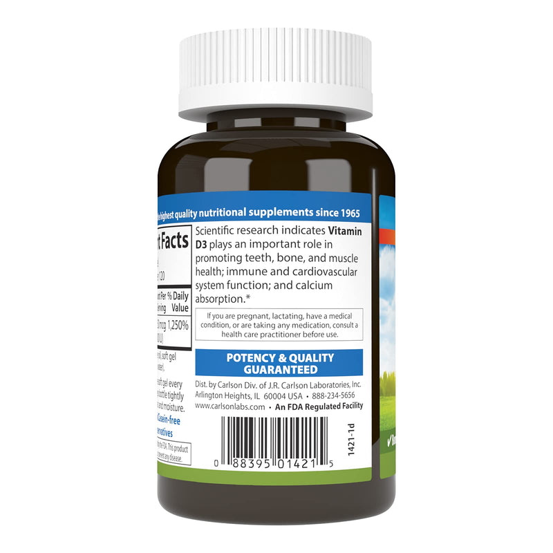 [Australia] - Carlson - Vitamin D3, 10000 IU (250 mcg), Vitamin D Supplements, Bone & Immune Support, Vitamin D3 Softgels, Heart Health, Gluten Free Vitamin D Capsules, 120 Softgels 120 Count (Pack of 1) 