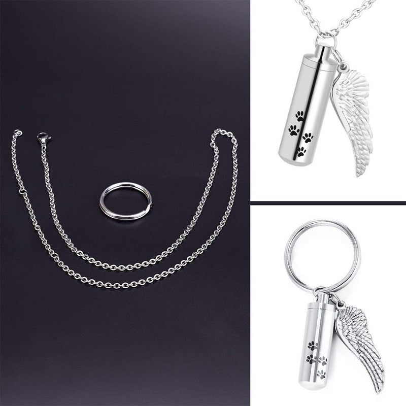 [Australia] - XIUDA Cylinder Cremation Necklace for Dog Ashes Angel Wing Urn Necklace with Pet Paw Print Memorial Ashes Necklace for Dog/Cat with Filling Kit S Silver no-engraving 