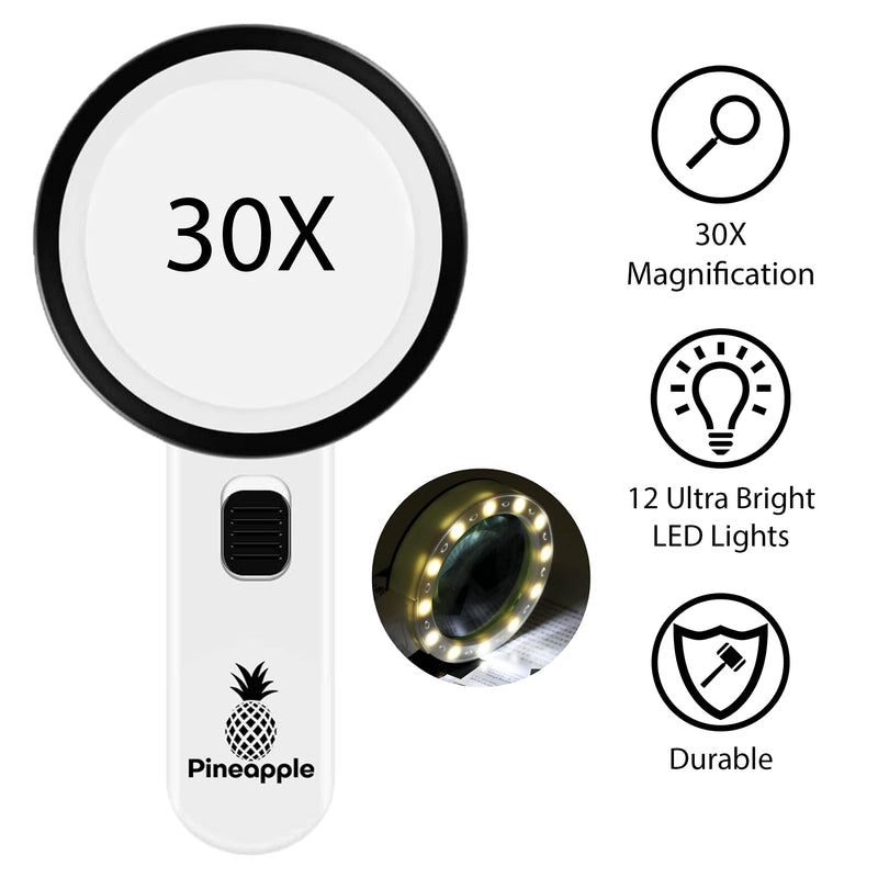 [Australia] - Pineapple Magnifying Glass with Light, 30X Handheld Large Magnifying Glass, LED Lighted Magnifier, High Powered Magnifying Glasses for Seniors, Macular Degeneration, Reading, Elderly 
