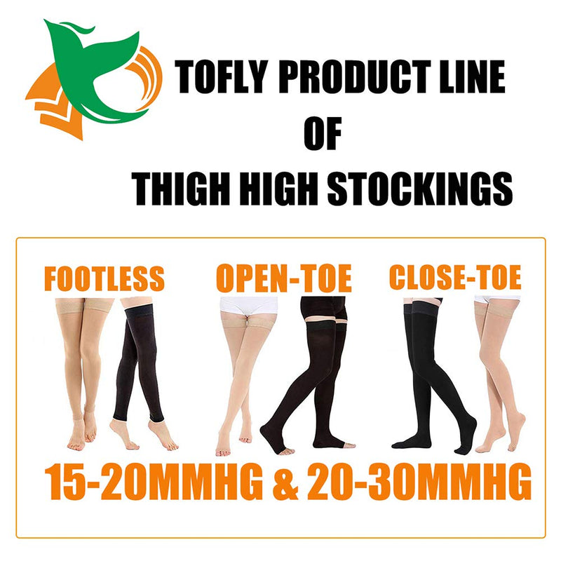 [Australia] - TOFLY® Thigh High Compression Stocking for Women & Men (Pair), Open Toe, Opaque, Firm Support 20-30mmHg Graduated Compression with Silicone Band, Varicose Veins, Swelling, Edema, DVT Beige L Large 20-30mmhg Open-toe Beige 