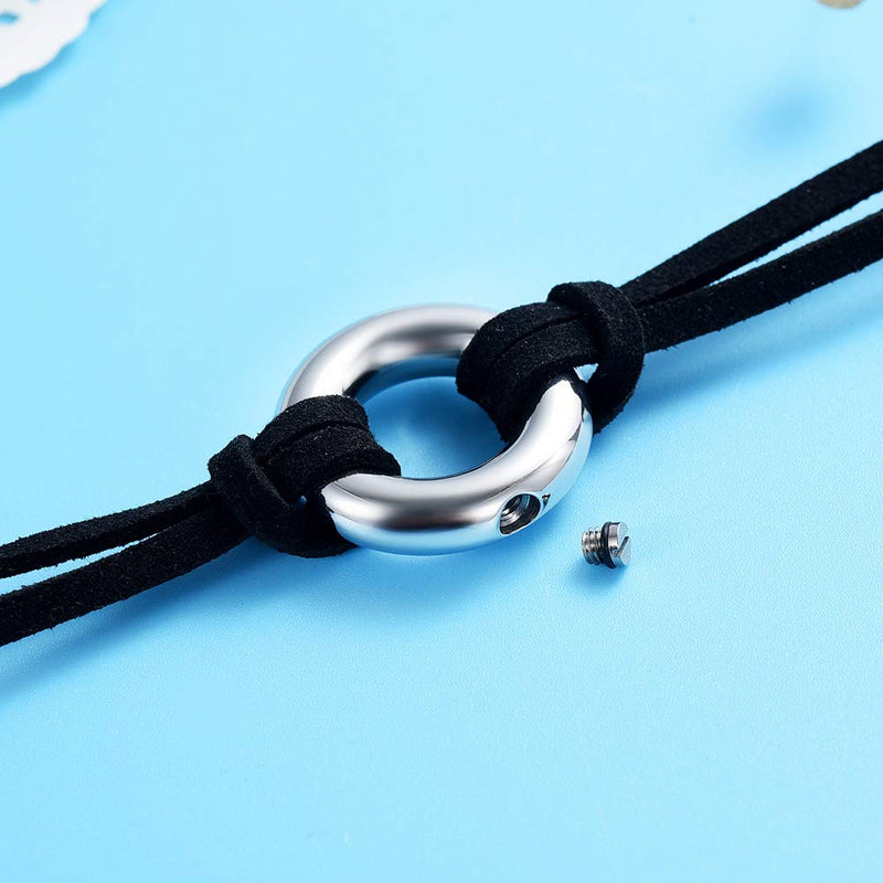 [Australia] - Circle of Life Cremation Jewelry Black Genuine Leather Memorial Urn Bracelet for Ashes of Loved One Keepsake Holder for Women Men Silver Tone 