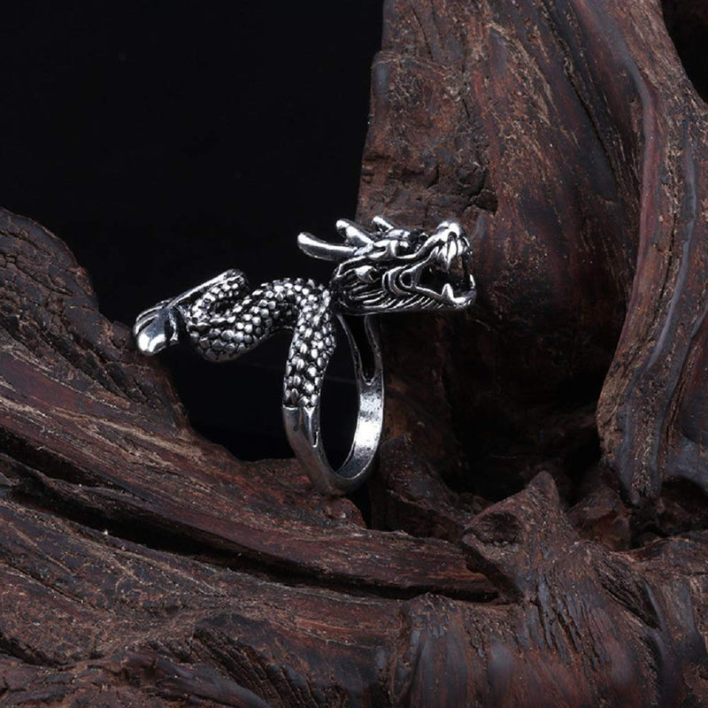 [Australia] - BYONDEVER Vintage Punk Silver Black Chinese Dragon Snake Dragon Claw Skull Rings Jewelry Gothic Alloy Open Adjustable 9PCS 