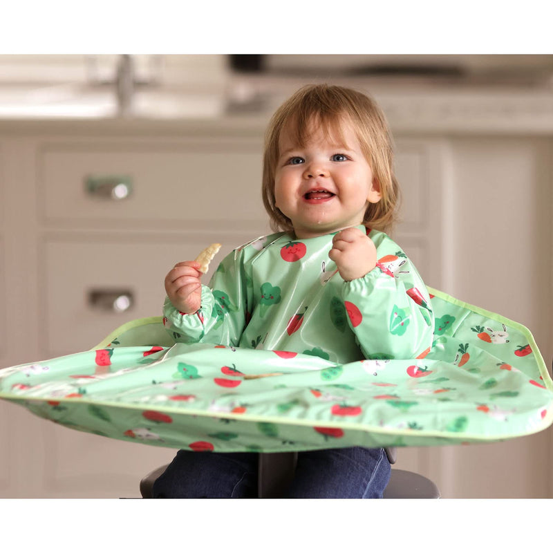 [Australia] - Bibetta Wipeezee XL Coverall Weaning Bib - Baby Bib with Sleeves - Wipe Clean Coverall Bib for Baby and Highchair Baby Led Weaning Unisex for Babies and Toddlers 6 Months +… Green - Bunny & Veg 