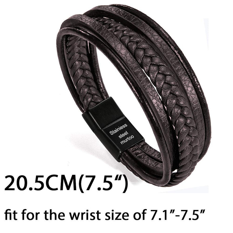 [Australia] - Murtoo Mens Leather Bracelet with Magnetic Clasp Cowhide Multi-Layer Braided Leather Mens Bracelet brown leather&black clasp&7.5" 