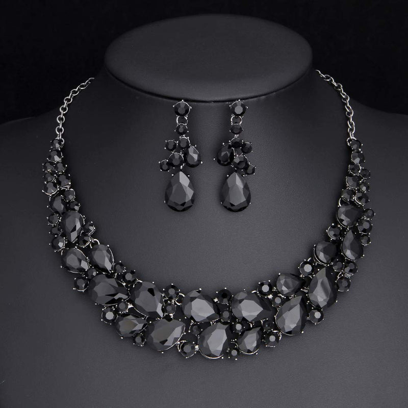 [Australia] - Molie Youfir Austrian Rhinestone Teardrops Necklace and Earrings Jewelry Sets for Women Wedding Party Dress Black-Black Tone 