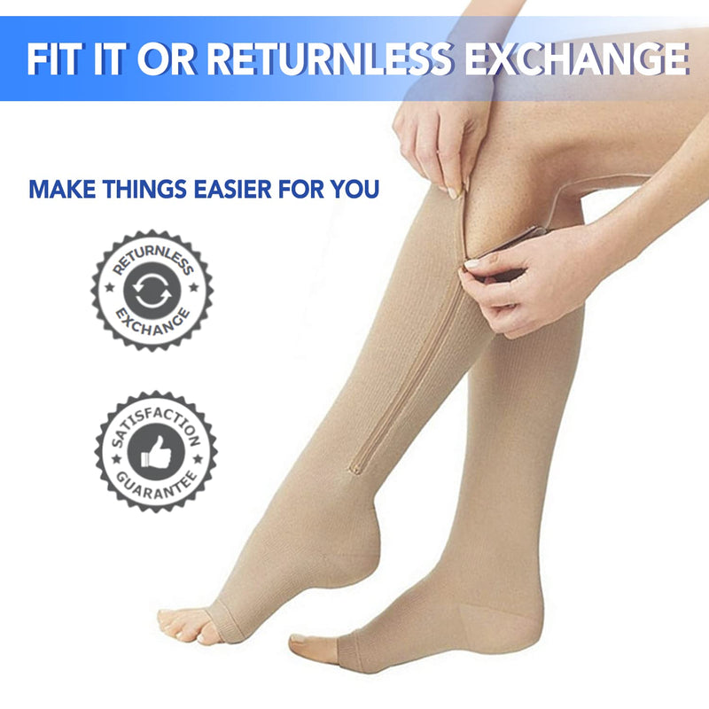 [Australia] - 3 Pairs Zippre Compression Socks - Calf Knee High Open Toe Compression Stockings 15-20mmHg for Walking,Running 01 Nude Large-X-Large 