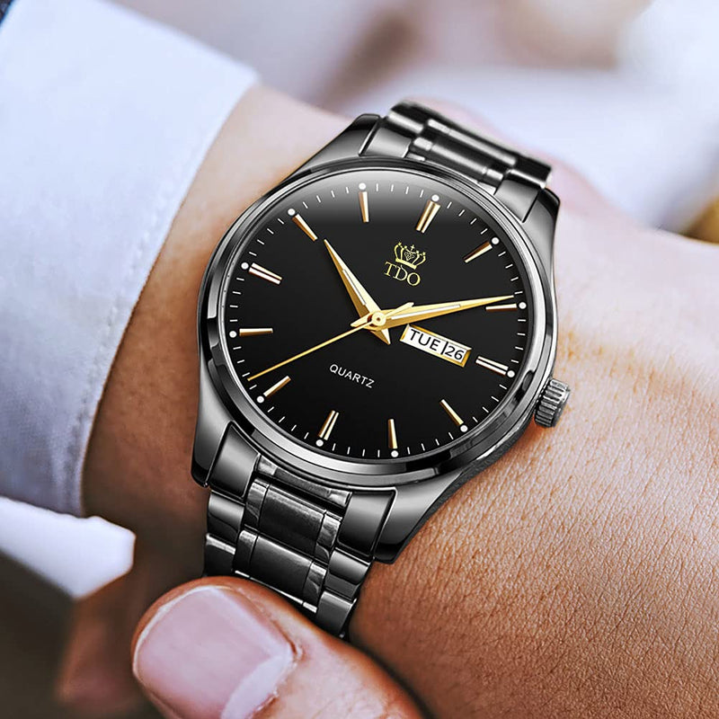 [Australia] - TDO Men Watch Stainless Steel Dress Luxury Analog Quartz Roman Numeral Luminous Calendar 3ATM Waterproof Wrist Watch for Men Black Strap & Black Face 