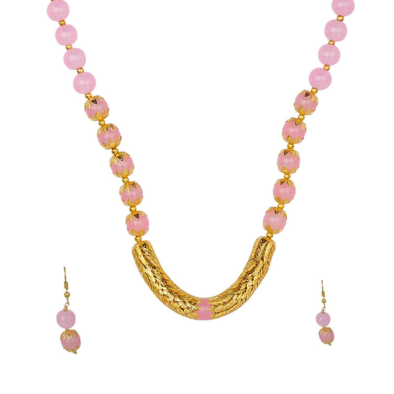 [Australia] - Efulgenz Boho Indian Bollywood Antique Gold Plated Faux Pearl Beaded Bridal Wedding Strand Statement Necklace Earrings Jewelry Set (Color Options) Light Pink 