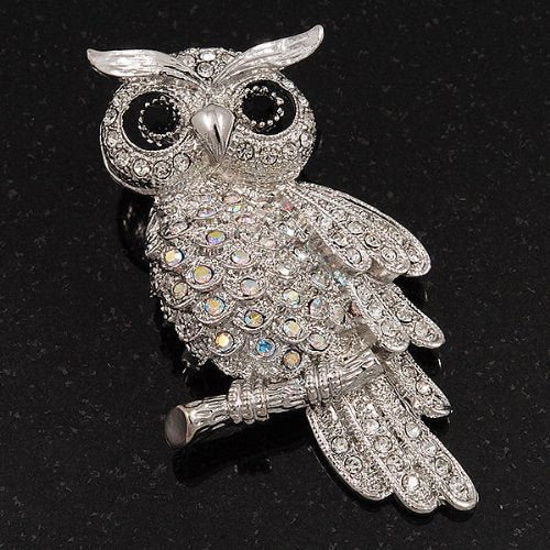 [Australia] - Avalaya Sparkling AB Crystal Owl Brooch (Silver Tone Metal) - 50mm L 