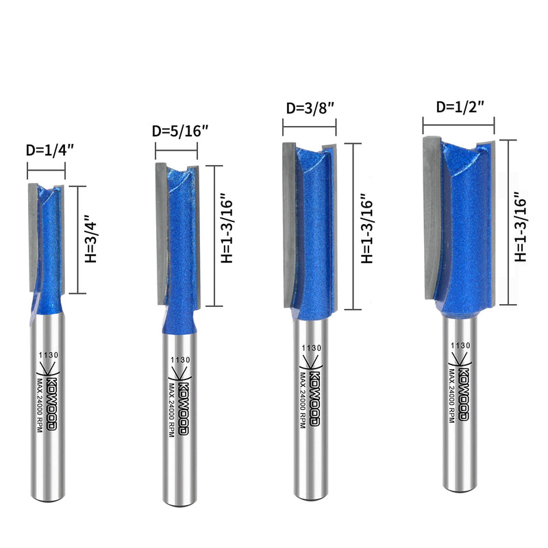 [Australia] - KOWOOD Plus Double Flute Straight Router Bit Set, 1/4 Inch Shank. Cutting Diameter in 1/4”, 5/16”, 3/8”, 1/2”. with Updated Kowood C3 Carbide. Great for Create Groove, dado or Hollow 