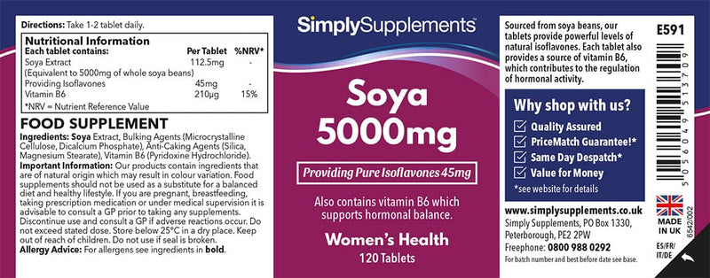 [Australia] - SOYA Isoflavones 5000mg | Now with Added Vitamin B6 for Hormonal Balance | Potent One-a-Day Formula | 120 Tablets = 4 Month Supply | Manufactured in The UK 