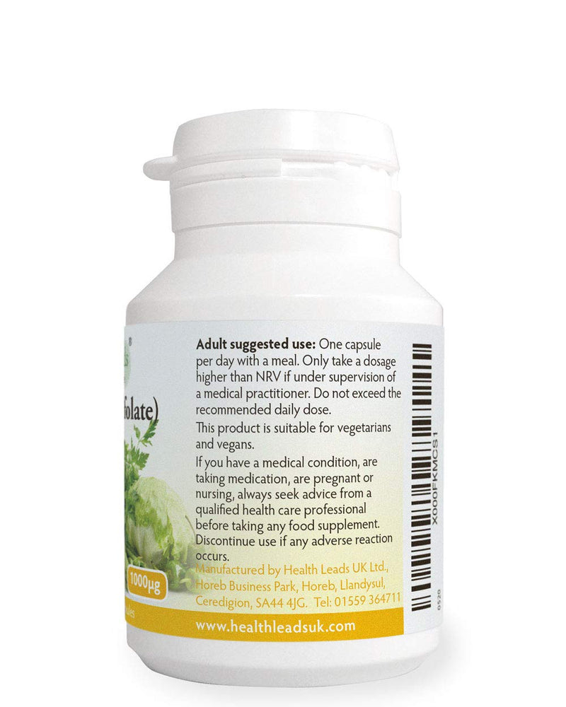 [Australia] - Folate (L-Methylfolate) 1000?g x 90 Capsules, 5-MTHF Active Form of Folic Acid/Vitamin B9, Please See Our 400mcg Version for Pregnancy, Magnesium Stearate Free, Made in Wales 