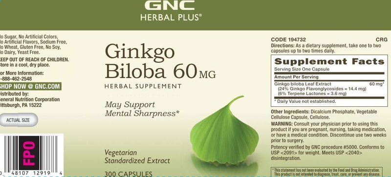 [Australia] - GNC Herbal Plus Ginkgo Biloba 60 MG | Supports Mental Sharpness | 300 Capsules 