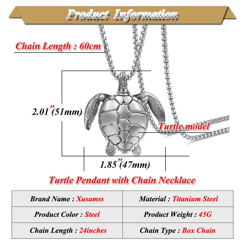 [Australia] - Xusamss Punk Rock Titanium Steel Turtle Tag Pendant Chain Necklace,24inches Box Chain 316L Steel Turtle 