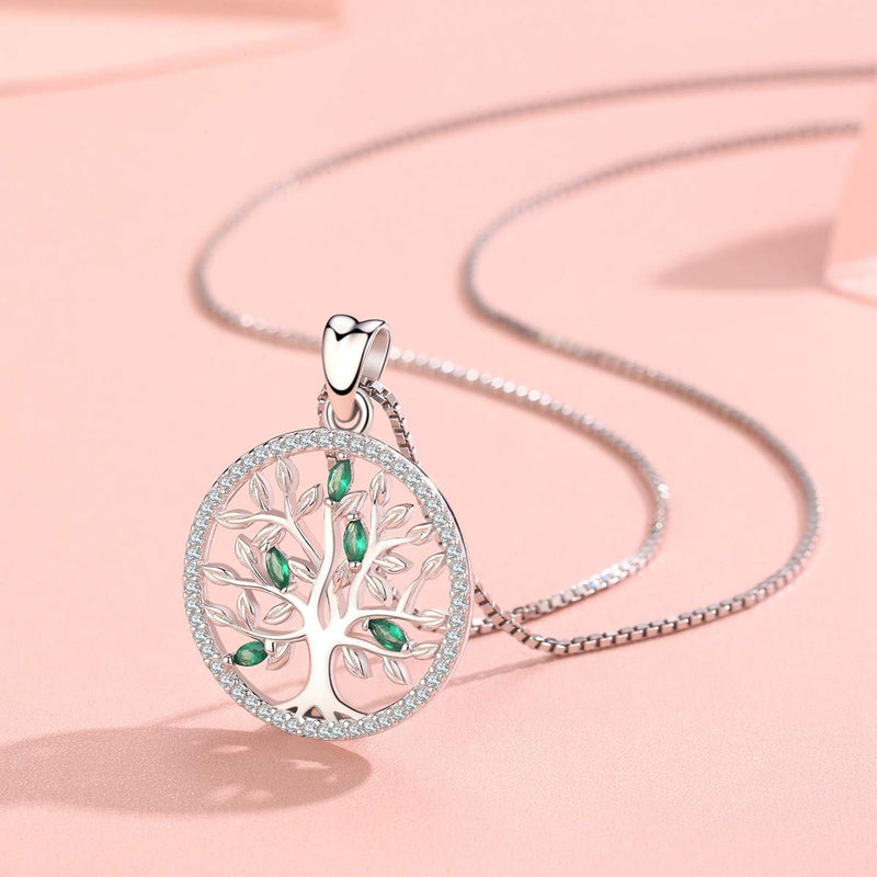 [Australia] - Aniu Birthstone-Necklace for Women, Solid Sterling Silver Family Tree-of-Life-Pendant, Crystal Gemstone Charm Jewelry, Birthday Gift for Mom Wife Girlfriend Grandma May Birthstone 