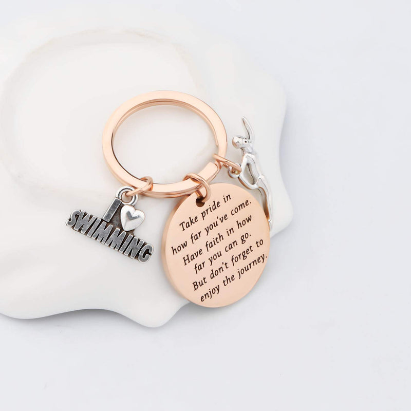 [Australia] - FUSTMW Swim Keychain I Love Swimming Lover Gift Take Pride in How Far You Have Come Swim Team Inspirational Gift Swimming Jewelry for Swimmers Rose Gold 