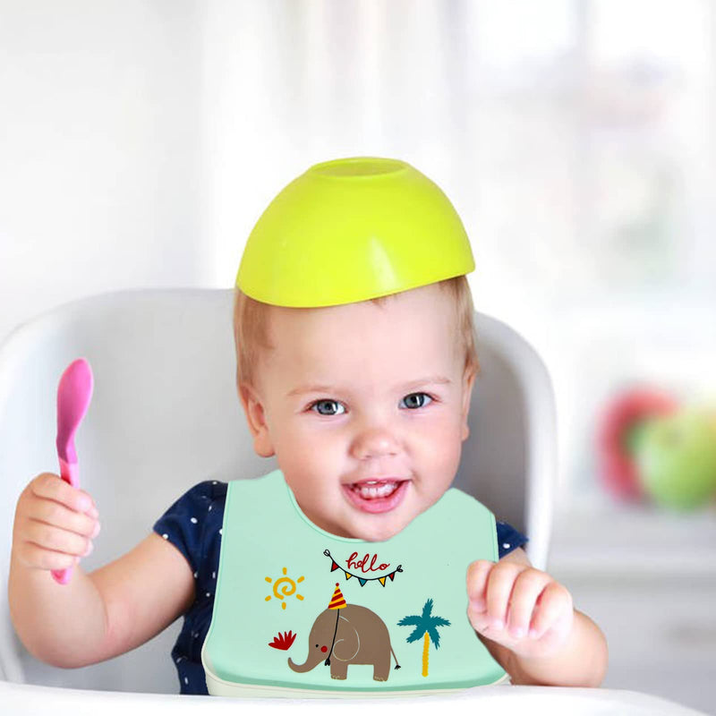 [Australia] - Baogaier Bibs Silicone Baby, 3 PCS Waterproof Weaning Bib for Babies Toddlers with Food Catcher Pocket, Soft Roll Up Easy Wipes Clean Plastic Feeding Bibs for Newborn Girl, Pink Blue Yellow Elephant, Crown, Outer Space 