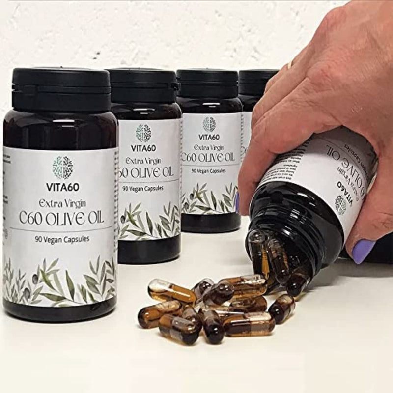 [Australia] - VITA60 C60 Olive Oil Capsules - 90 Vegan Friendly Capsules | Organic Extra Virgin Oil | 99.99% Solvent Free C60 | Antioxidant | Anti inflammatory | Leak Proof Capsule 
