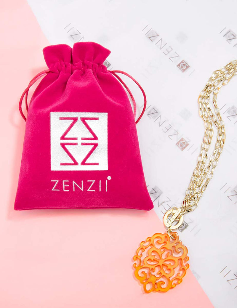 [Australia] - ZENZII Modern Damask Acrylic Resin Pendant Necklace with Convertible Toggle Chain Red 