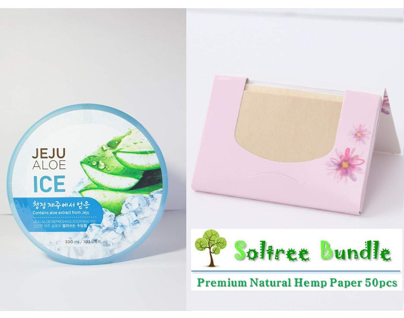 [Australia] - SoltreeBundle Korean Jeju Aloe Vera Ice Refreshing Soothing Moisturizing Gel 300ml / 10.15oz with SoltreeBundle Oil blotting Paper 50pcs 