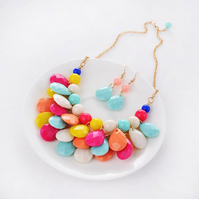 [Australia] - Floating Bubble Necklace Layered Teardrop Statement Necklace Resin Beaded Collar Necklace Earrings Jewelry Set for Women Colorful 