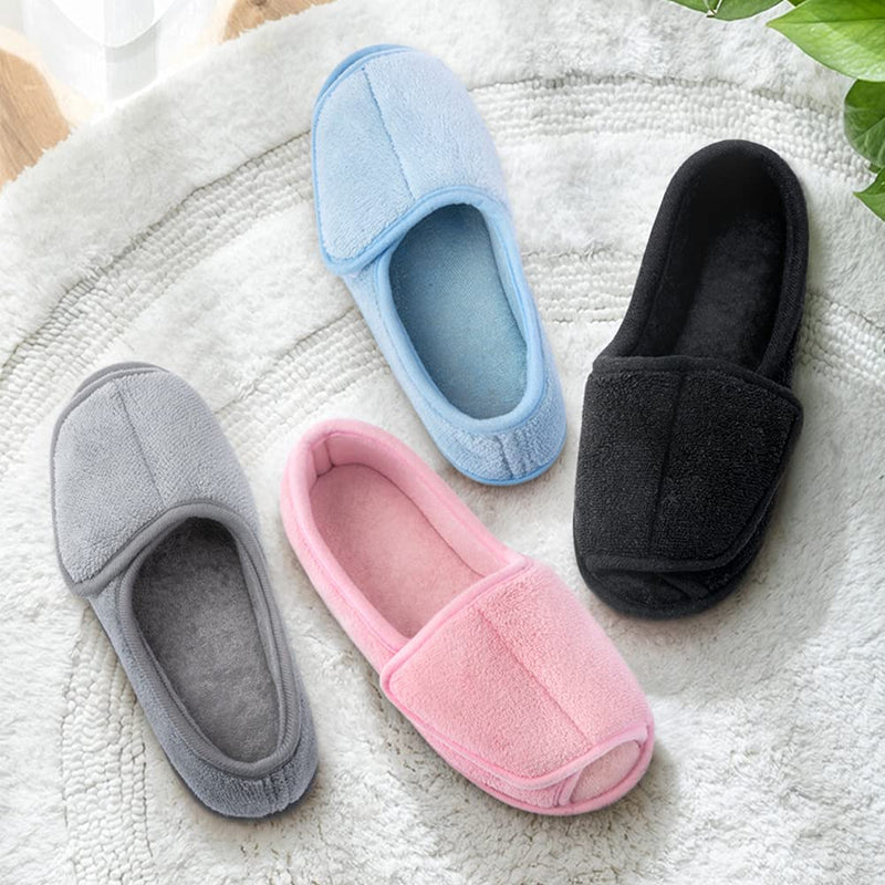 [Australia] - Women’s Diabetic Memory Foam Wide Fit Slippers Open Toe Adjustable Slip-on House shoes Indoor and Outdoor Rubber Sole 7 UK Grey 
