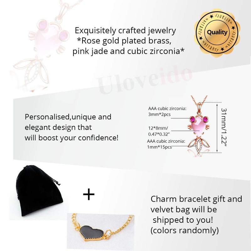 [Australia] - Uloveido Simulated Pink Jade Stone Crystal Rose Gold Plated Cute Goldfish Fish Pendant Necklace Fashion Jewelry for Girls Women DN236 