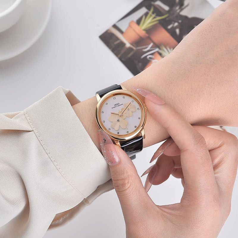 [Australia] - IBSO Watches for Women 4 Leaf Clover with 3D Design Dial Elegant Waterproof Quartz Wristwatch Montre Femme a Nice Gift 8806L Black 