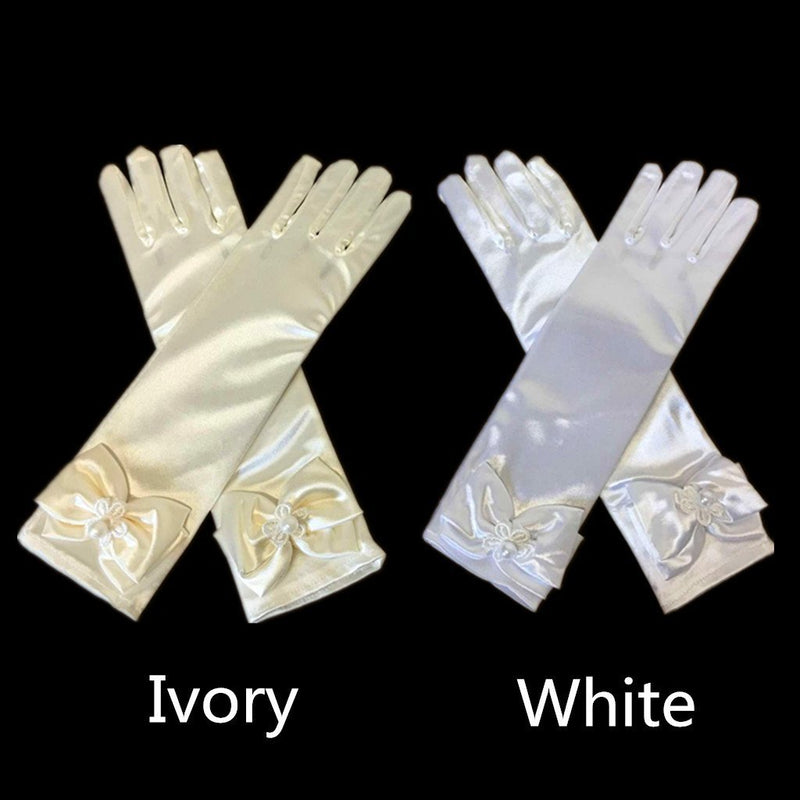 [Australia] - DreamHigh Kids Stretch Satin Long Finger Dress Gloves for Girl Children Party Ivory 