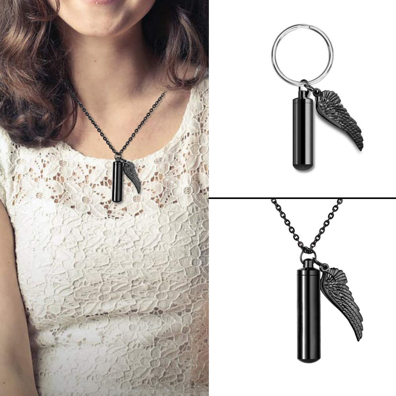[Australia] - Cylinder Cremation Urn Necklace for Ashes Memorial Keepsake Pendant with Angel Wing Stainless Steel Remembrance Jewelry Black L non-engraving 