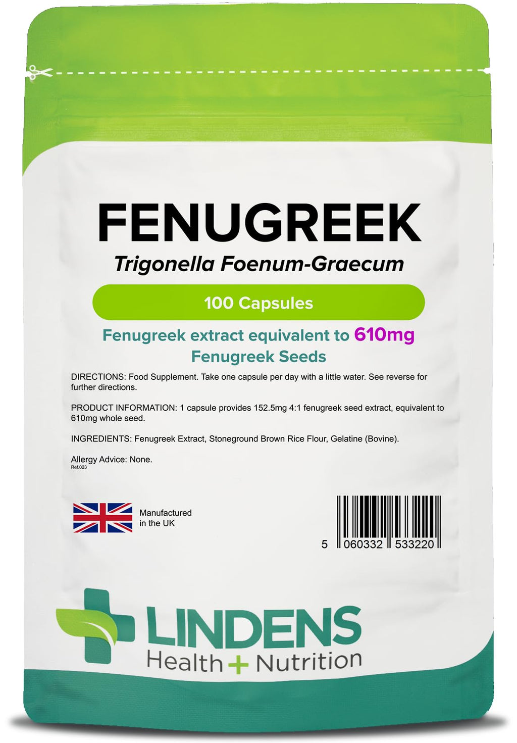 [Australia] - Lindens Fenugreek 610mg - 100 Capsules | Rich in Saponins (3+ Months Supply), UK Made | Natural Herbal Food Supplement in Rapid Release, Easy to Swallow Capsule, Letterbox Friendly 