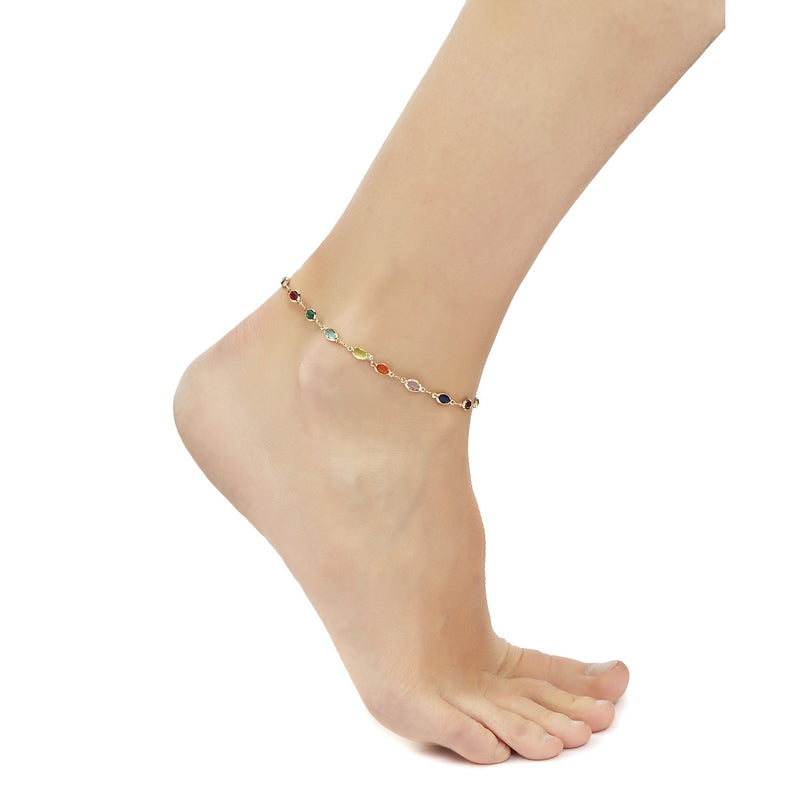 [Australia] - Barzel 18K Gold Plated Gold and Multi Color Crystal Baguette Anklet Multicolor Dark Oval 