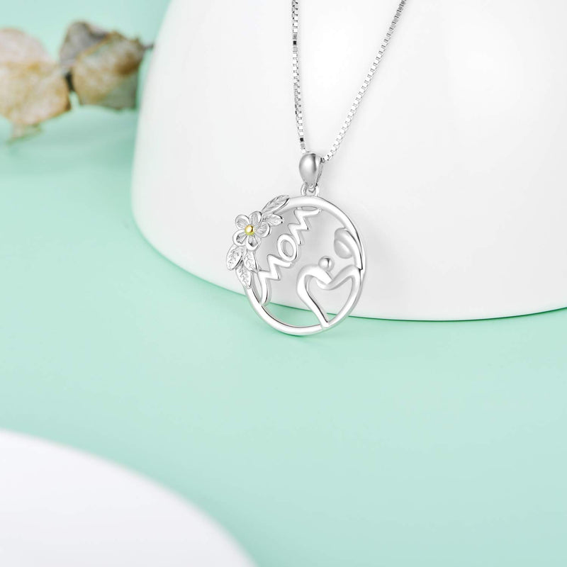 [Australia] - LONAGO 925 Sterling Silver Mom Heart Carnation Flower Necklace I Love You Mom Pendant Grandma Women Wife Jewelry Mother's Day Birthday Gift Mom & Child 