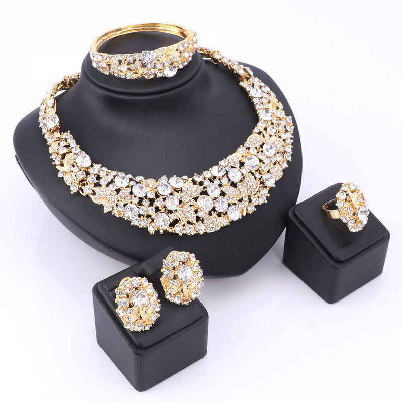 [Australia] - WANG African Beads Gold Plated Shinning Flower Crystal Necklace Earrings Bangle Ring Jewelry Set 