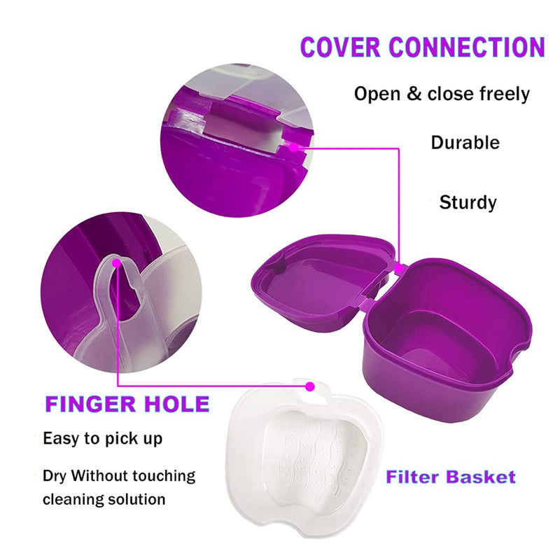 [Australia] - Retainer Case Denture Bath Box Easy Clean with Strainer Basket Portable False Teeth Storage Mouth Guard Denture Holder for Travel Retainer Soaking Cleaning (Purple) Purple 