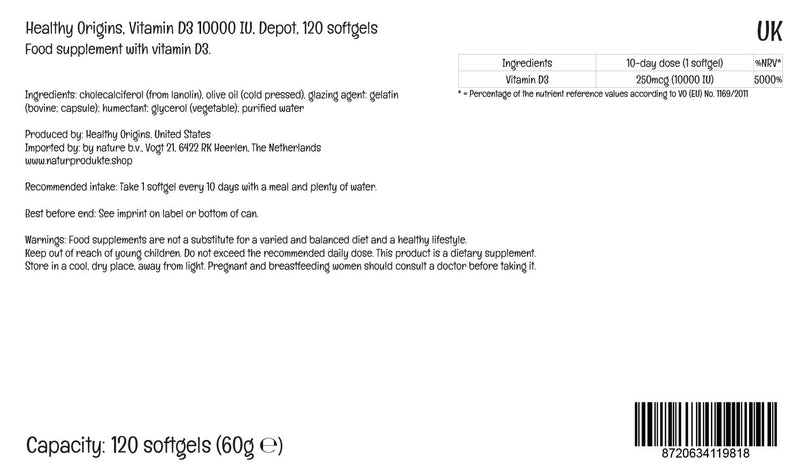 [Australia] - Healthy Origins, Depot Vitamin D3 250mcg (10,000 IU), Depot, 1 Capsule Every 10 Days, 120 Softgels, Highly Dosed, Lab-Tested, Soy Free, Gluten Free, Non GMO 