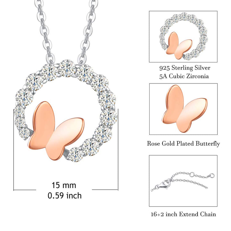 [Australia] - FANCIME Butterfly Necklace 925 Sterling Silver Simulated Diamond Circle Cubic Zirconia with Rose Gold/ Yellow Gold/ White Gold Plated Butterfly Jewelry Fashion Lovely Gifts for Women Girls, 16”+2”Extender 