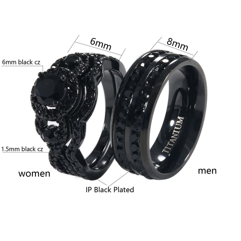 [Australia] - ringheart 2 His and Hers Ring Couple Rings Black Cz Three Stone Womens Wedding Ring Sets Titanium Steel Mens Wedding Bands women's size 6 & men's size10 