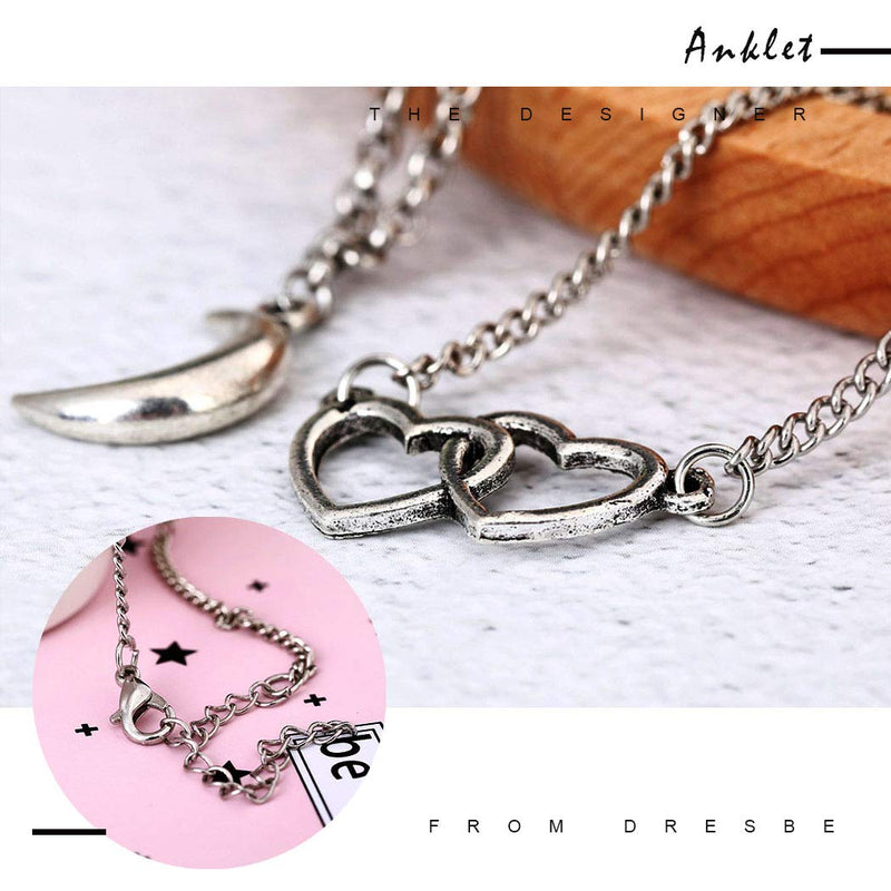 [Australia] - Dresbe Vintage Layered Anklets Silver Heart Ankle Bracelet Sun and Moon Foot Chain Beach Foot Jewelry Accessories for Women and Girls 