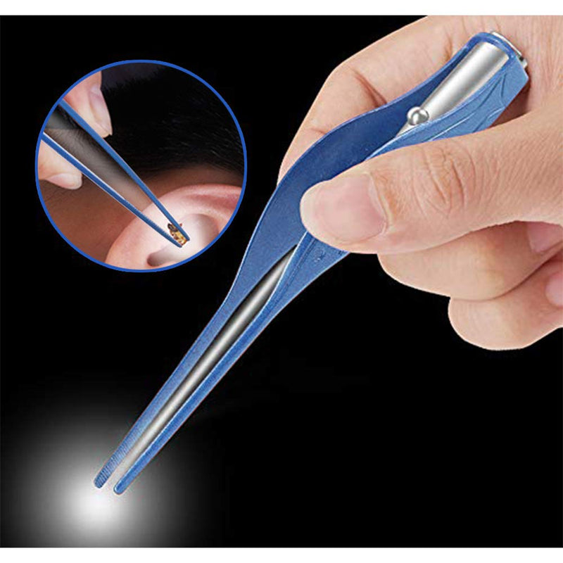 [Australia] - 2 Pcs Ear Wax Removal Tool with Light - Ear Pick Cleaner Kit for Kids and Adults, Earwax Spoon Digger & Tweezers for Ear Health Care Gift Set with Case (Blue) Blue 