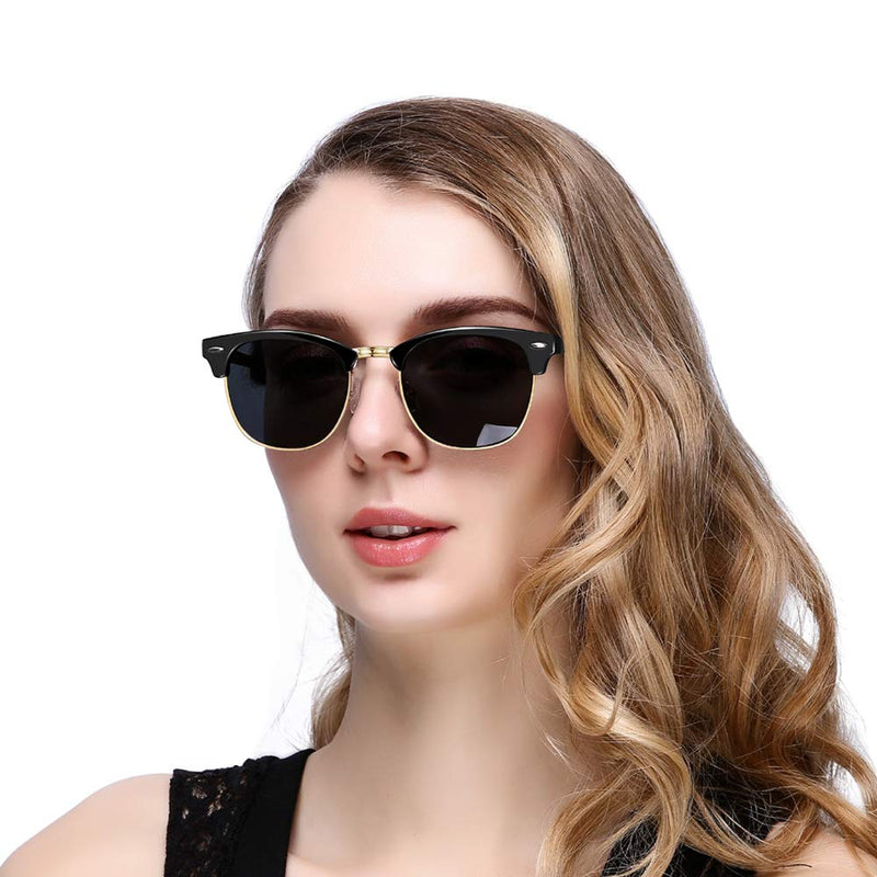 [Australia] - KANASTAL Semi-Rimless Polarised Sunglasses for Men Women, Retro Horn Rimmed Womens Sunglasses UV Protection 2 Pcs-shiny Black + Gold Black 