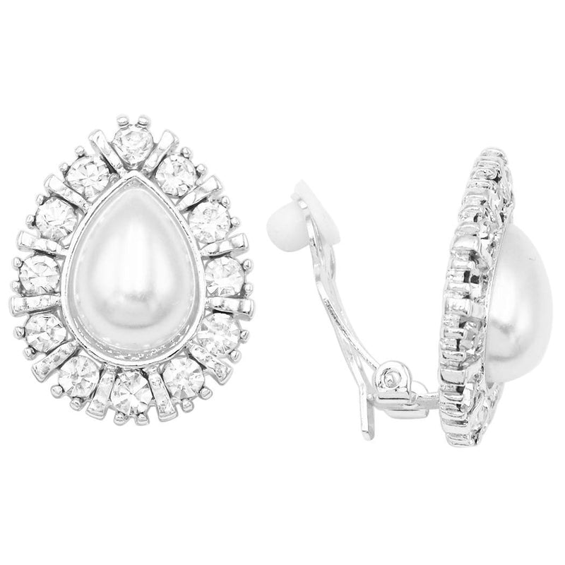 [Australia] - Rosemarie & Jubalee Women's Simulated Large Teardrop Pearl 3 Piece Choker Necklace Cuff Bracelet Clip On Earrings Bridal Jewelry Set 