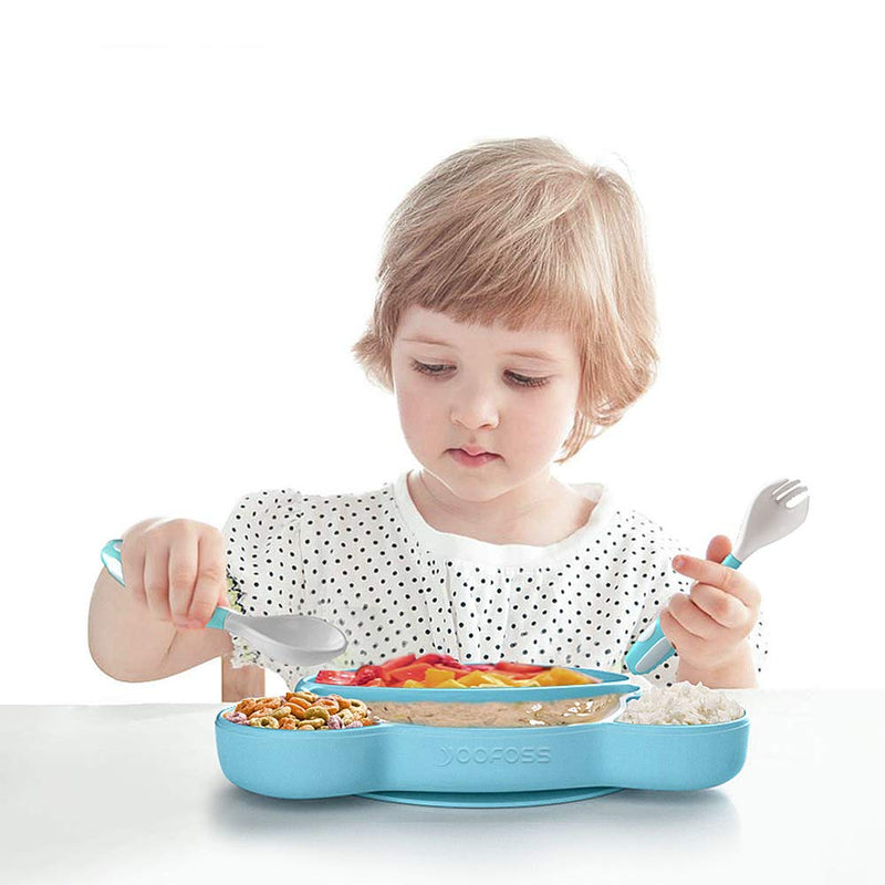 [Australia] - YOOFOSS Baby Plates with Suction Non Slip Silicone Toddler Plates Divided Placemats for Kids and Children BPA-Free FDA Approved Dishwasher and Microwave Safe-Blue Blue 