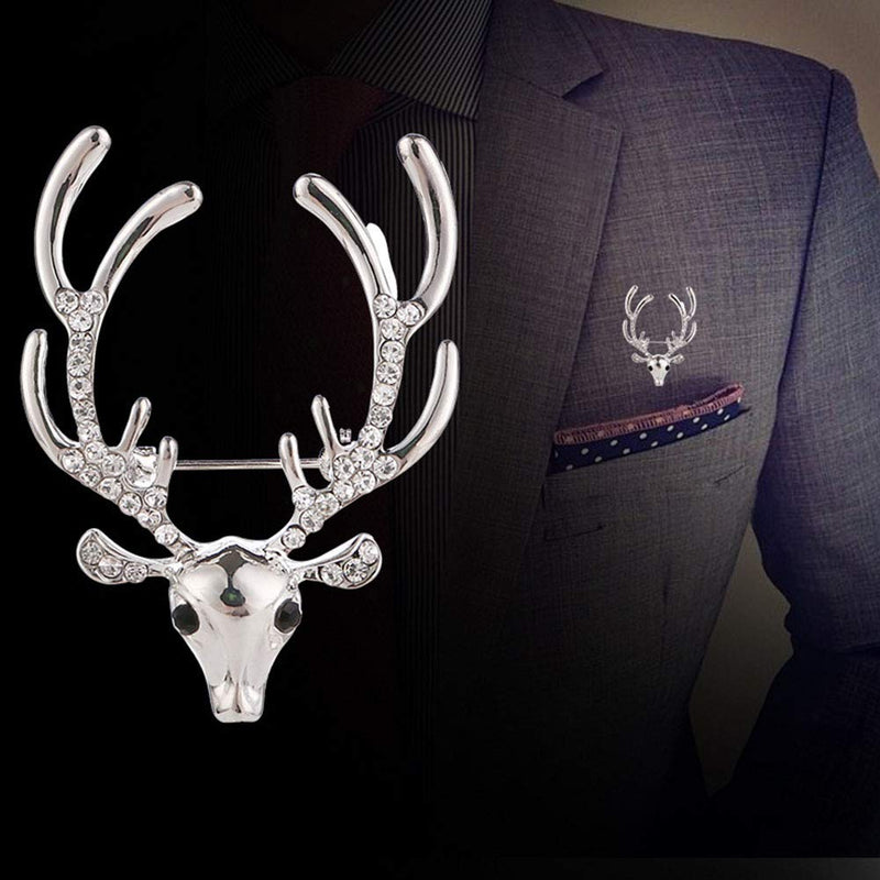 [Australia] - JczR.Y Retro Deer Head Christmas Brooch Pins Personalized Rhinestone Elk Antlers Brooch Unisex Boutonniere Collar Fashion Jewelry Gift B:Silver antlers 