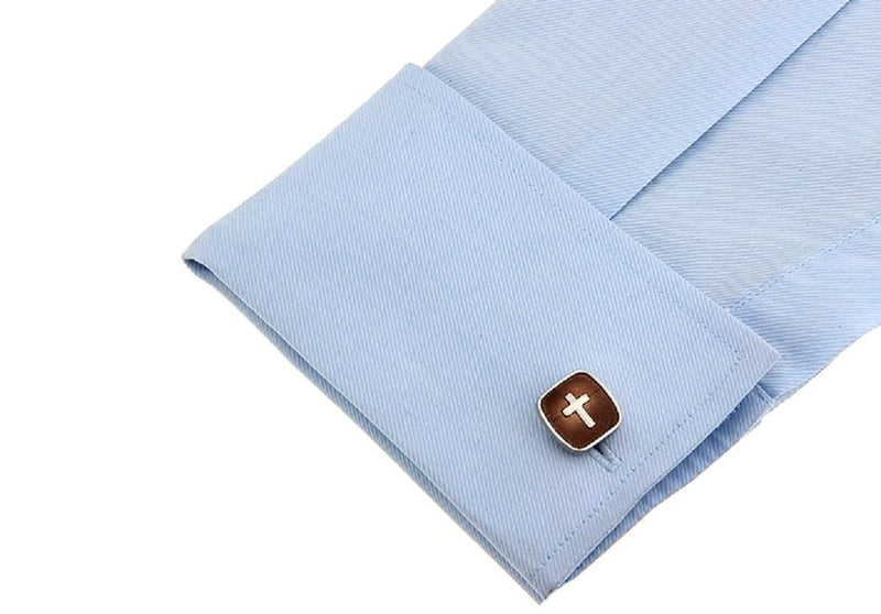 [Australia] - MRCUFF Cross Square Brown Christian Pair Cufflinks in a Presentation Gift Box & Polishing Cloth 