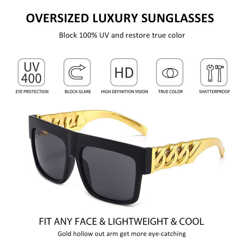 [Australia] - Golden Chain Arm Square Oversized Sunglasses Women Men Hip Hop Luxury Sunglasses Black 